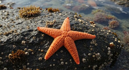 A starfish resting on a tide pool rock,A vibrant starfish rests on wet stones under a stunning sunset.