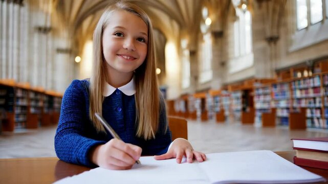 Young student writing in beautiful library with enthusiasm and focus