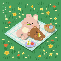 Illustration of a rabbit and a puppy enjoying a spring picnic