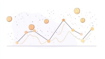 A descending line graph with coins dropping, financial loss representation, clean vector art, isolated on white background