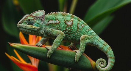Fototapeta premium A chameleon changing colors on a tropical plant