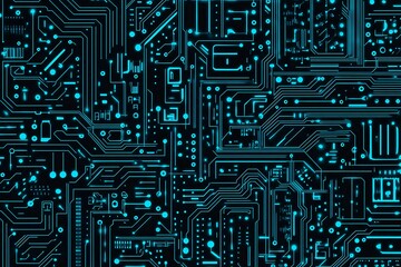 Abstract close-up of a glowing blue digital circuit board, showcasing intricate connections and technological design on a black background.
