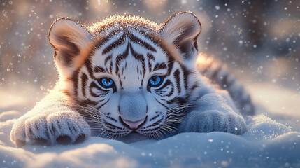 Adorable white tiger cub in snowy winter scene.