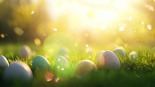 Easter egg hunt, Easter eggs on the grass. Easter eggs hidden in grass on sunny day in the spring. Sunny positive climate. Beautiful surroundings and cheerful animation. 4k video Happy Easter holiday