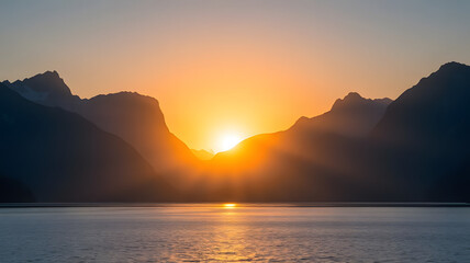 a majestic mountains during sunrise, featuring a calm lake in the foreground