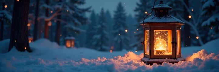 Twinkling lights inside a wooden lantern on a snowy night, warm glow, lanterns