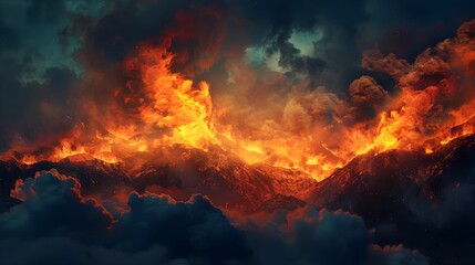 Fototapeta premium Wildfire engulfing mountains under a dramatic sky at dusk