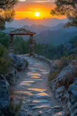 Photo r&eacute;aliste professionnelle d&rsquo;un sentier de randonn&eacute;e accident&eacute; au coucher du soleil avec vue sur collines et for&ecirc;ts