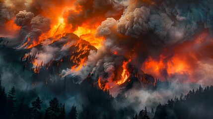 Forest fire engulfs mountains with intense flames and smoke at sunset