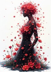 Stylish woman in a vibrant mood adorned with red flowers in a captivating artistic design