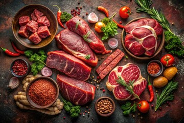 Fototapeta premium Vintage Urban Exploration: Dark Meat Still Life Photography - Assorted Raw Meats & Processed Foods