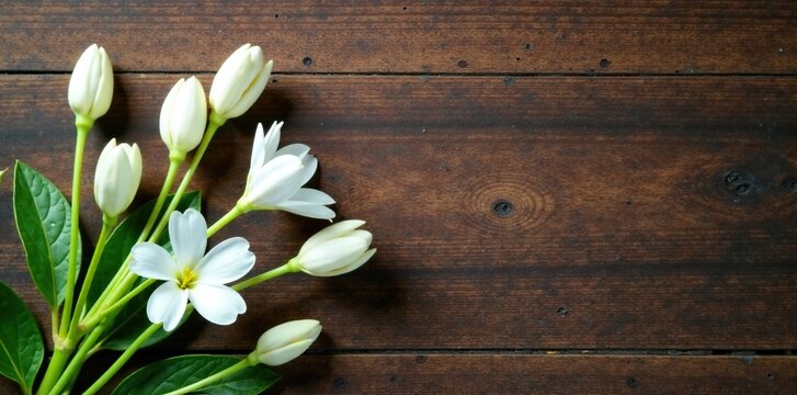 White mogra flower buds on a wooden background, botany, white blooms, mogra