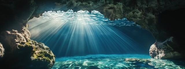 Obraz premium An extraordinary view of an underwater cave illuminated by sunlight streaming through openings, with crystal-clear water revealing intricate rock formations, Cave scene