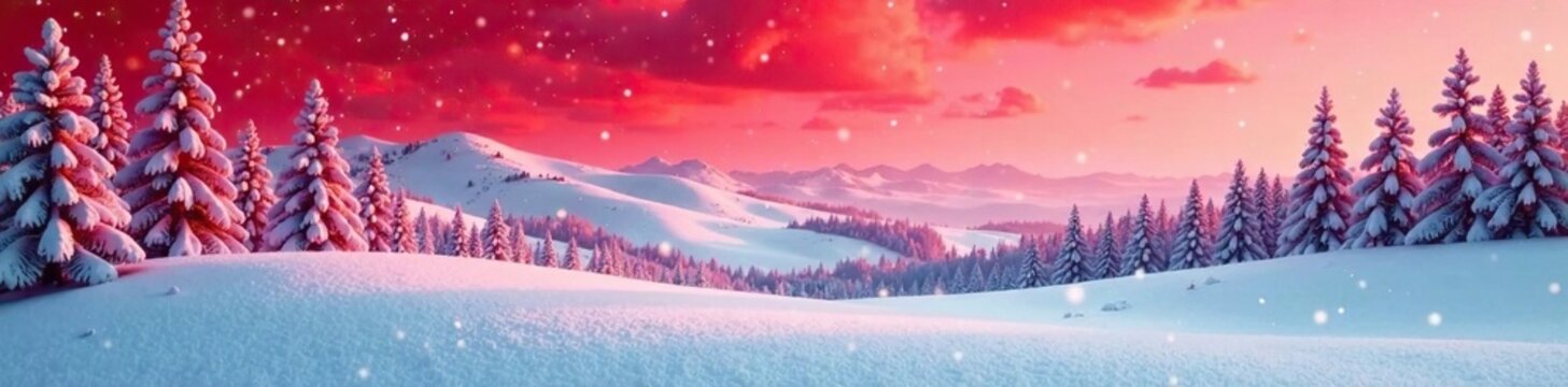Winter wonderland scene with snow-covered hills and trees in the distance against a subtle red Christmas theme, red, snowcovered, christmas