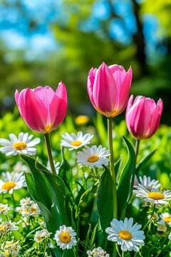 Fototapeta Colorful pink tulips stand tall among cheerful daisies, celebrating the arrival of spring in a vibrant garden