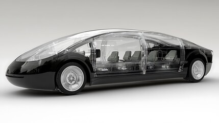 A concept design for a futuristic electric car with a transparent body, showcasing its advanced technology. 
