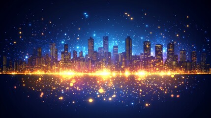 Fototapeta premium Vibrant Evening City Skyline, Illuminated With Lights For Travel, And Tourism, Banner Background.