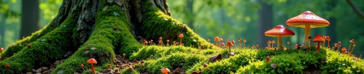 A carpet of moss and lichen under an ancient tree with mushrooms growing from the ground, woodland, forest