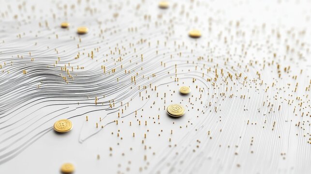 A scatterplot with golden coin points, market analysis concept, contemporary minimal design, isolated on white background 