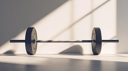 Weightlifting barbell with weights rests on floor in sunlight.