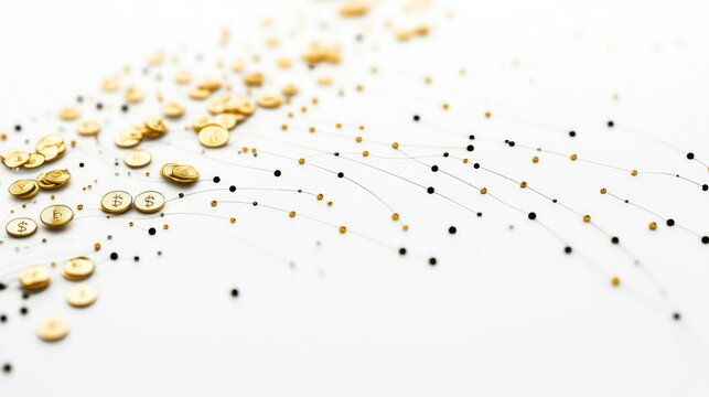 A scatterplot with golden coin points, market analysis concept, contemporary minimal design, isolated on white background 