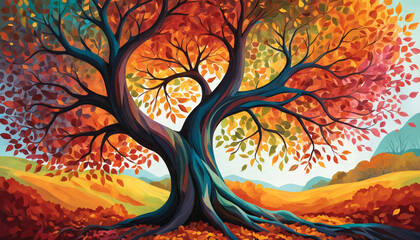 abstract tree with colorful leaf. Colorful tree with leaves illustration style