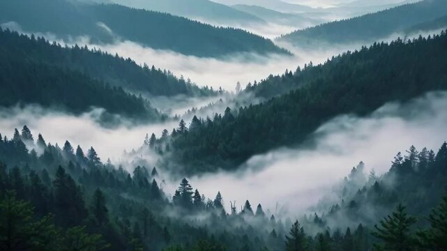 A mysterious animation of thick fog rolling through a pine forest nestled in the mountains, with the tips of the trees just peeking through the mist, 2D 4k High-Quality background animation video