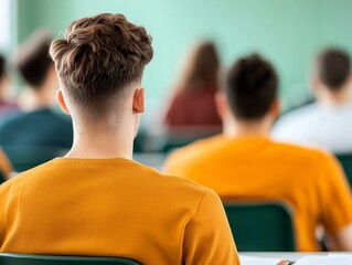 A student in a classroom, viewed from behind, wearing an orange sweater and focused on the lesson, with classmates in the background.