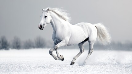 A majestic white horse galloping through a snowy landscape.