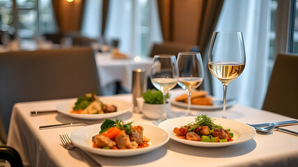 a beautifully set dining table with gourmet dishes and a glass of wine.