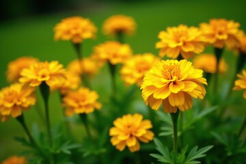 Fototapeta premium Bright yellow marigold flowers bloom in a garden bed, flowerpower, garden, outdoorflowerbed