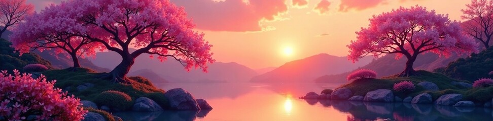 Calm and peaceful scene of a zen garden with blooming cherry blossom trees under a serene sunset sky, sunset sky, zen garden