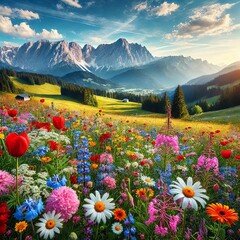 Vibrant meadow blooming with colorful wildflowers providing a picturesque view of the Alps. Generative AI