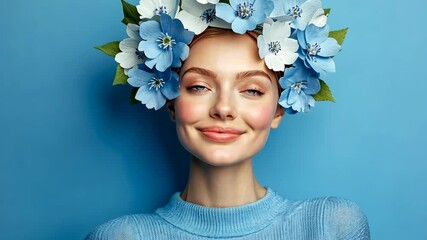 Young woman poses with a flower crown against a blue backdrop showcasing natural beauty and cheerful expression - Powered by Adobe