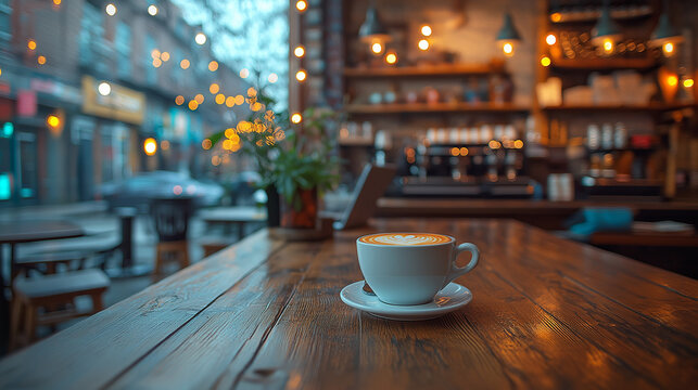 Cozy Cafe Vibes, Warm coffee in a cafe with city view, perfect for cozy autumn days.