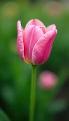 Fototapeta premium Delicate pink petals unfolding from a green stem, single petal, garden bloom, soft focus