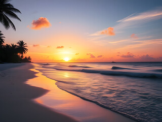 landscape of a tropical beach at sunset