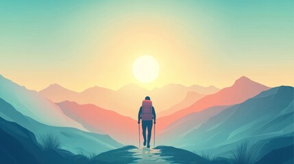 Obraz premium Hiker walking towards sunrise in mountain valley.