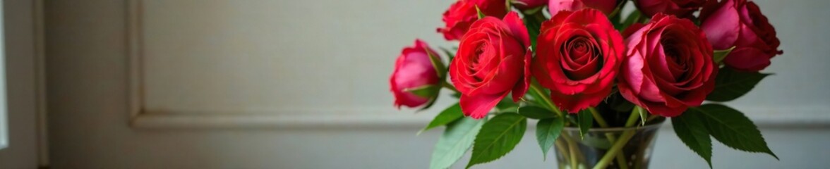 Fototapeta premium Exquisite floral arrangement with red roses and peonies in an elegant glass vase, decorative, roses, elegant