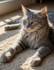 Um gato deitado em um tapete com o sol brilhando sobre ele.