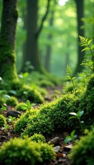 Fototapeta premium Forest floor covered with a soft layer of moss and ferns, ferns, moss