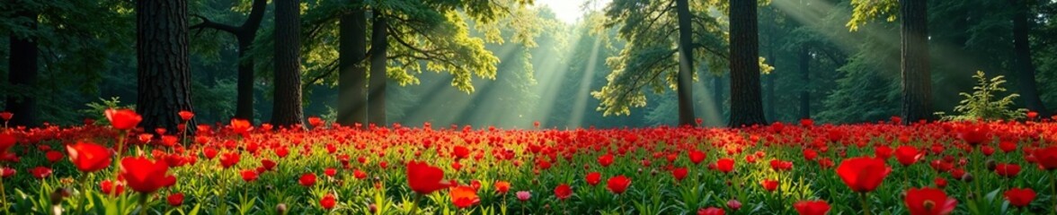 Obraz premium Forest landscape with tall trees and a field of bright red flowers, landscape photography, botany