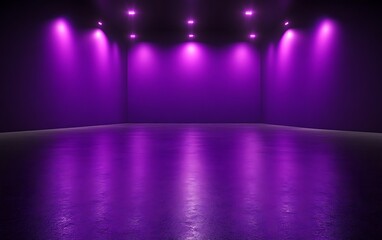 Purple room with spotlights and reflective floor.