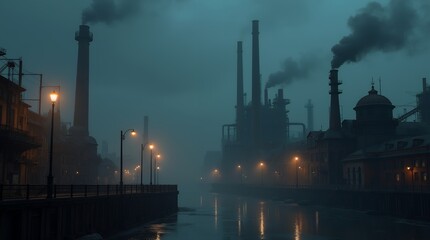 Misty Industrial Canal at Dusk: A Dark and Atmospheric Scene