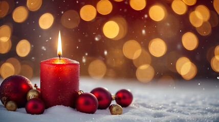 A glowing candle flickers warmly in a festive New Year's scene, surrounded by sparkling decorations and holiday cheer