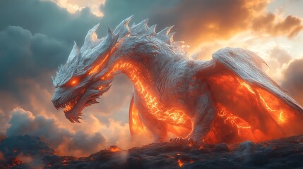 Fiery white dragon amidst volcanic landscape.