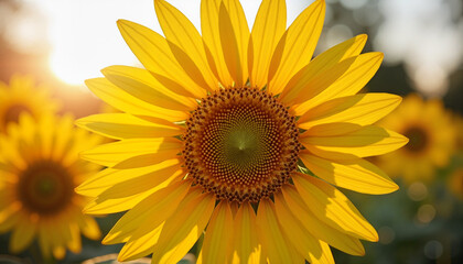 Obraz premium Close-up of sunflower in golden sunlight with blurred background