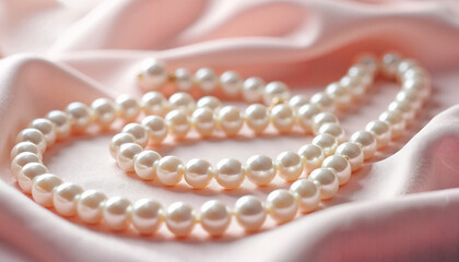 Obraz premium Pearl necklace on soft pink silk fabric, a symbol of elegance