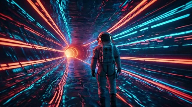 An astronaut drifts glowing tunnel made shifting neon stripes, bending warping fourth dimension, bright cosmic patterns, Anime-style, 4k High-Quality background animation video