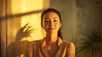 Fototapeta premium A businesswoman with a subtle smile, standing in a relaxed pose, framed by soft golden-hour lighting and warm tones